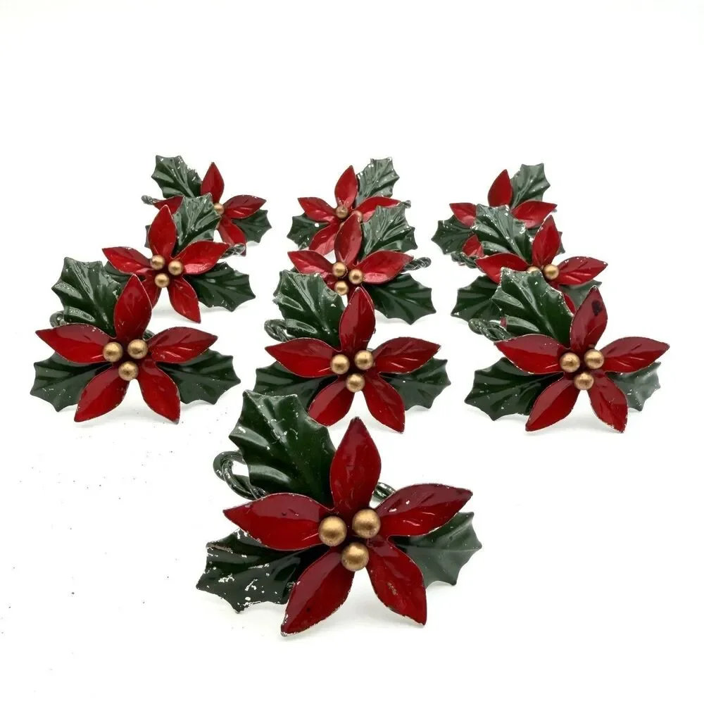 Vintage Poinsettia Napkin Rings Lot Of 10 Metal Art Gold Balls Paint Worn